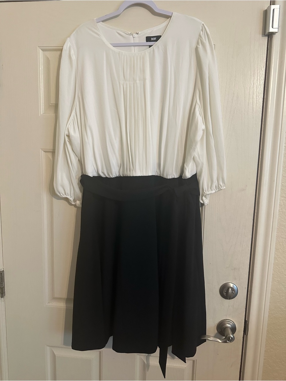DKNY Black and White Pleated Waist Tie Dress
